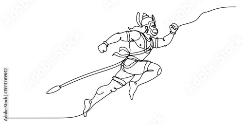Lord Hanuman deity running with power in continuous line art style