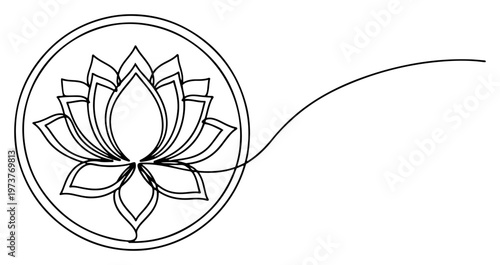 Sacred lotus flower inside circular frame with decorative line in minimalist style