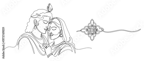 Radha Krishna divine couple in romantic embrace with decorative rakhi symbol in continuous line art style