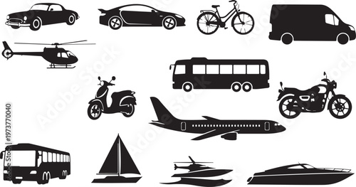 Transportation icons, vehicle silhouettes, travel symbols, 13 icon set