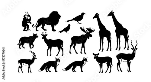 Silhouettes of various animals standing and sitting next to each other