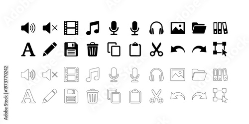 Multimedia and Productivity Icons Set . Audio, Video, Office Tools, media icons, multimedia icons,cut icon, undo icon, redo icon, refresh icon, cursor icon