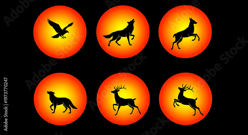 Black silhouette horse galloping in orange circle background vector illustration