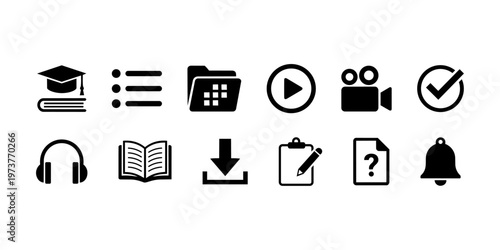 Online learning education fill and line stock icon collection. course overview, Lesson List, Module, Video Lecture, audio, reading, download