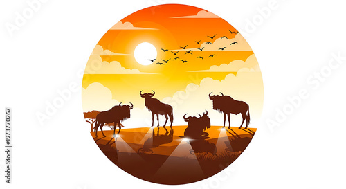 Stylized vector illustration of two horses in autumn mountain landscape