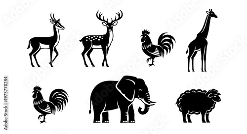 Black and white vector illustration of various animals standing and sitting