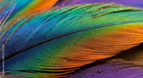 Close up of peacock feather with iridescent colors and water droplets detailed