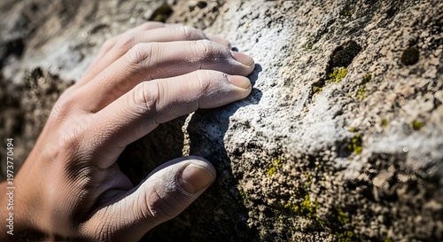Close up of rock climber hand gripping rough rock face covered in chalk for secure hold