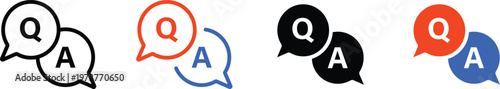 Four Q and A speech bubble in black white red and blue question and answer symbol communication