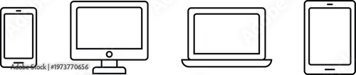 Four outline of digital devices including two smartphones a desktop computer and a laptop connectivity