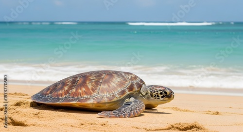Close up of sea turtle resting on sandy beach with ocean background on sunny day