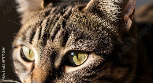 Close up of tabby cat face with green eyes staring intensely with striped fur patterns and whiskers