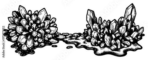 Crystal clusters and mineral stones growing from a liquid puddle in hand drawn engraving style