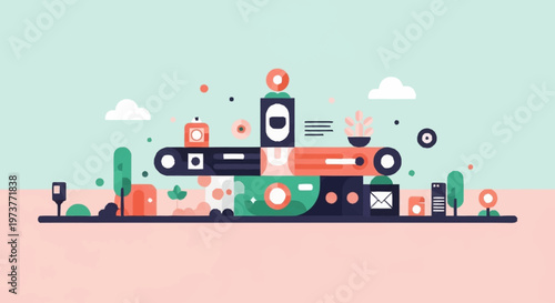 A colorful illustration of a modern cityscape with various icons and symbols.