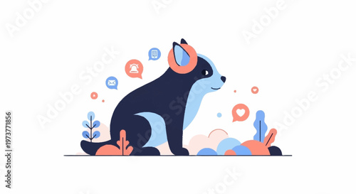 a cartoon dog sitting in a colorful garden.