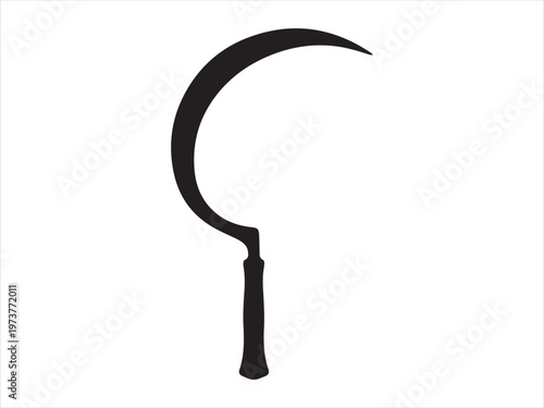 Grass sickle Black silhouette vector, Sickle silhouette vector illustration, curved farming harvest tool icon design