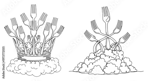 Fotografie Silverware forks arranged in a crown and cotton pile in surrealist line art styl