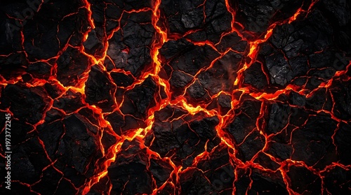 Molten lava cracks in black rock formation closeup texture