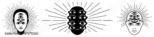 Mystical human heads with multiple eyes and radiant rays in minimalist line art style