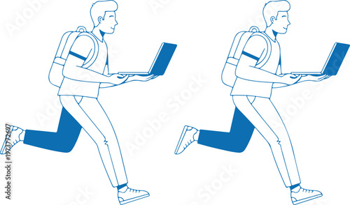 Runners with laptops, business people on the go, mobile office workers, active professionals isolated on Transparent Background