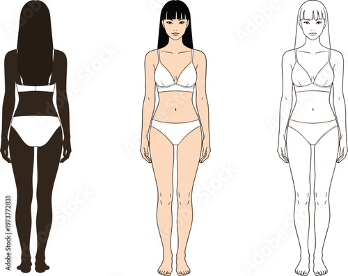 Professional female fashion croquis set featuring front and back views in lingerie and swimwear for technical apparel design sketches and garment development tech packs.