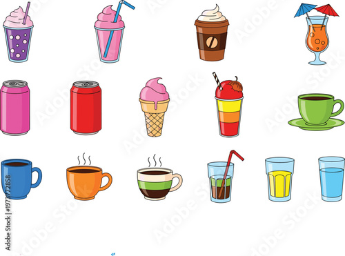 Beverage drinks icon set coffee tea soda juice milkshake cocktail ice cream cup collection flat vector illustration pack