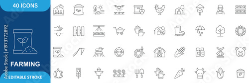 Farming icon set. Farm, Farmer, Agricultural, Cow, Pig, Lamb, Chicken, Bee, Windmill, Wheat, Corn, Harvesting and etc. Icon Collection. Editable stroke.
