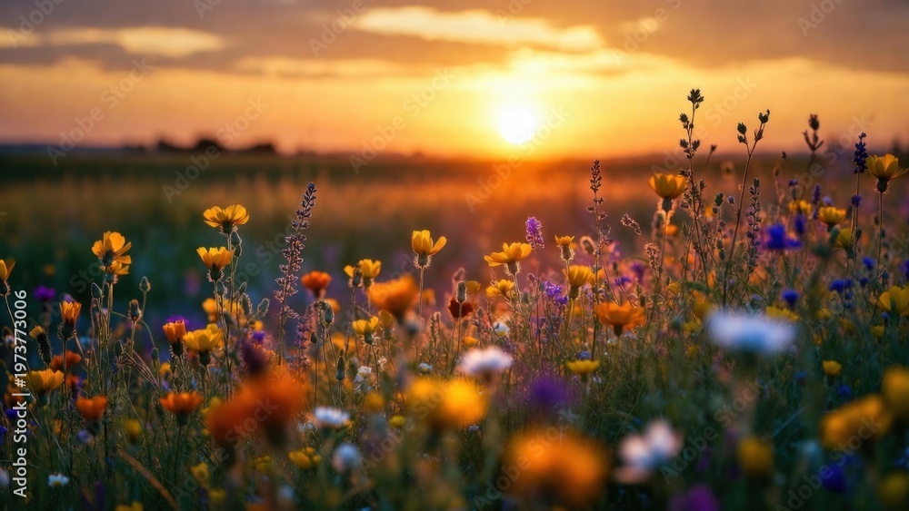 Naklejka premium Golden sun dips behind a wildflower meadow