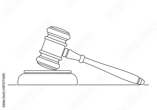 Line art illustration of a gavel on a sounding block with the clean design