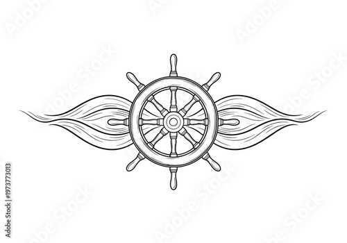 Ship's wheel with stylized wings emblem   hand drawn outline with steering wheel