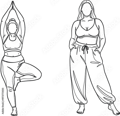 Fashion technical sketch of plus size women in yoga and activewear featuring tree pose and casual lounge pants vector illustration for apparel design