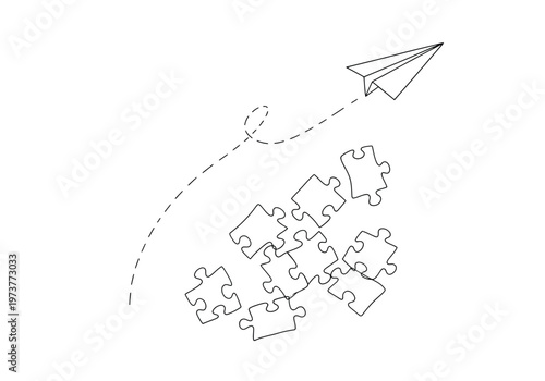 Paper airplane flying over a pile of scattered puzzle pieces in a line drawing