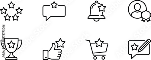 A set of black line icons representing ratings and feedback on a white background