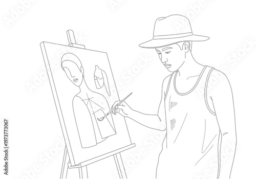 Artist painting a portrait on canvas at an easel with a hat with black and white