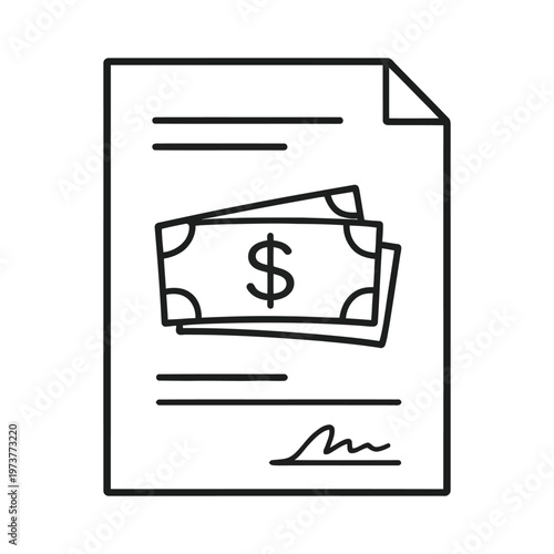 A simple line drawing depicts a document with money on it hinting at financial transactions