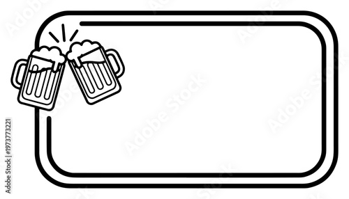 Beer mugs clinking on decorative border frame in minimalist line art style