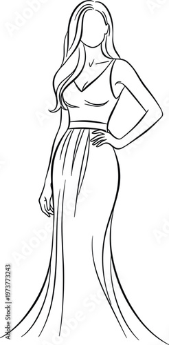 Women fashion technical sketch of body croquis template featuring front back and side views for apparel tech pack design and garment illustration