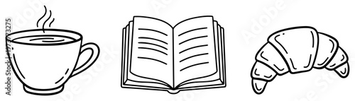 Coffee cup next to open book and croissant in minimalist line art style