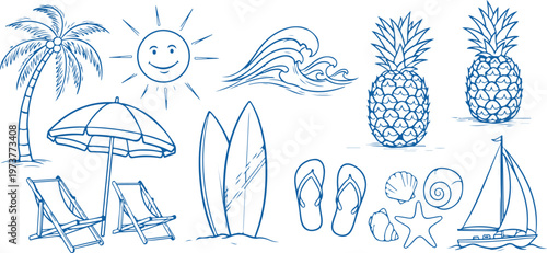 Beach icons, summer symbols, blue illustrations, vacation elements isolated on Transparent Background