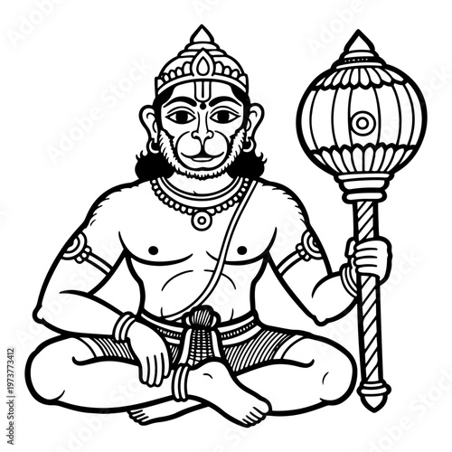 Lord Hanuman sitting with mace gada in traditional indian line art style