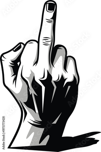 Bold black and white vector illustration of a hand showing the middle finger gesture representing rebellion defiance anger and rude offensive communication for edgy graphic design projects.
