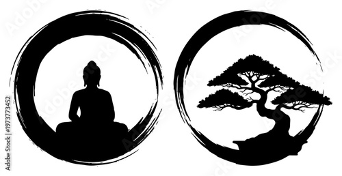 Buddha silhouette and bonsai tree within zen enso circles