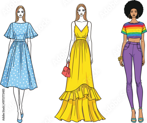 Set of professional female fashion illustrations featuring a blue polka dot dress yellow ruffled maxi gown and rainbow crop top with purple leggings for apparel design.