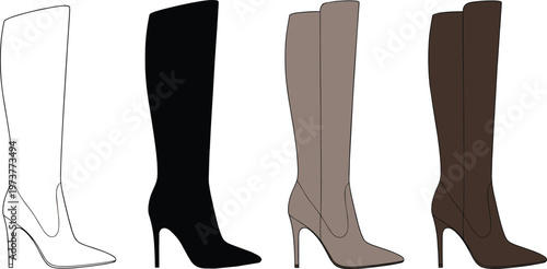 Technical vector fashion sketches of women's knee high stiletto heel boots featuring outline silhouette and color versions for footwear design apparel tech packs and retail mockups.