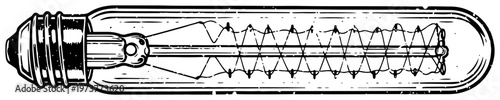 Vintage edison light bulb with visible filament in hand drawn engraving style
