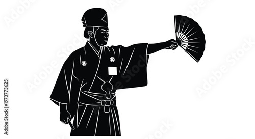 Traditional Japanese performer dancing with paper fan illustration