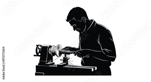 Woodworker using lathe to carve wood black and white vector graphic
