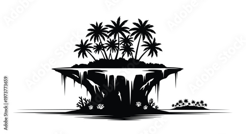 Tropical island with palm trees silhouette black and white vector art