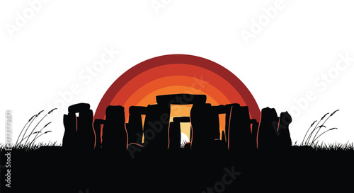 Stonehenge monument silhouette at sunset with vintage color gradient