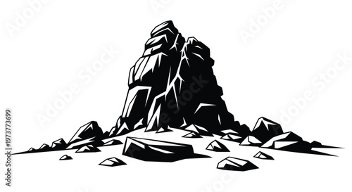 Rocky mountain peak silhouette in clean black and white vector style